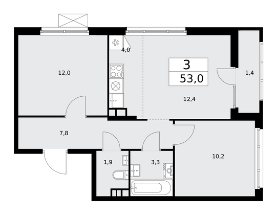 53 м², 3-комн. квартира, 12/15 этаж