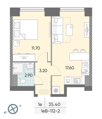 Продажа 1-комнатной квартиры 35,4 м², 2/58 этаж