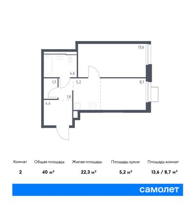 40 м², 1-комн. квартира, 18/25 этаж