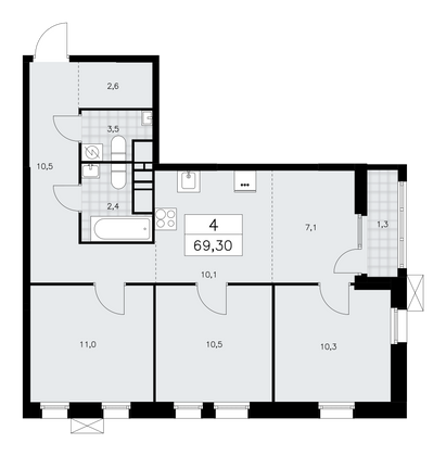 69,3 м², своб. планировка, 17/18 этаж