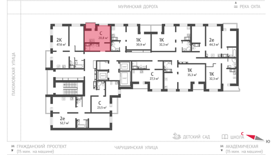 20,8 м², студия, 22/25 этаж