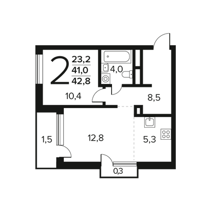 42,8 м², 2-комн. квартира, 3/14 этаж