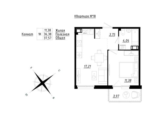 37,6 м², 1-комн. квартира, 3/5 этаж