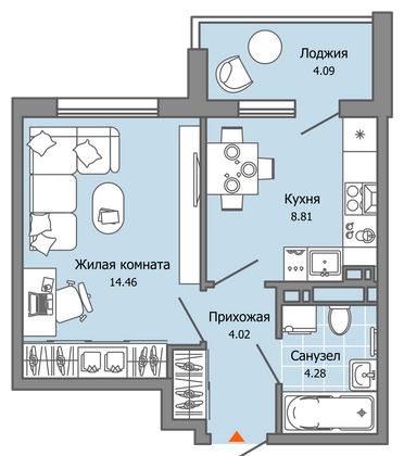 34 м², 1-комн. квартира, 6/9 этаж