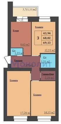 Продажа 3-комнатной квартиры 69,2 м², 1/16 этаж