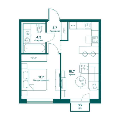 38,7 м², 1-комн. квартира, 6 этаж