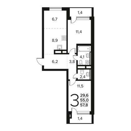 Продажа 3-комнатной квартиры 57,8 м², 10/11 этаж