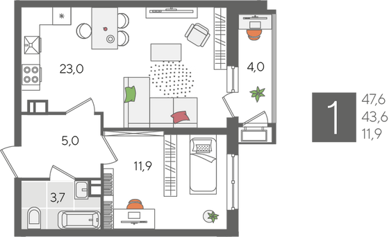 Продажа 1-комнатной квартиры 47,6 м², 8/24 этаж