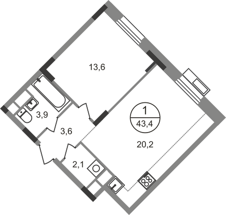 43,4 м², 1-комн. квартира, 7/9 этаж