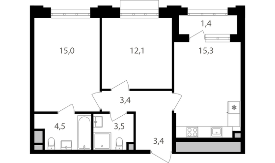 58,6 м², 2-комн. квартира, 4/15 этаж