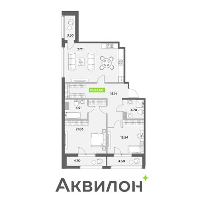 93,7 м², 2-комн. квартира, 9/12 этаж