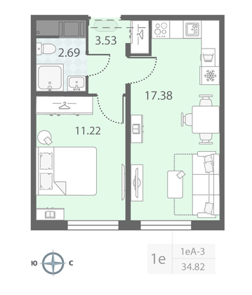 Продажа 1-комнатной квартиры 34,8 м², 20/23 этаж