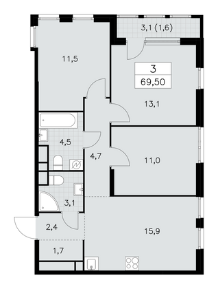 69,5 м², 3-комн. квартира, 23/30 этаж