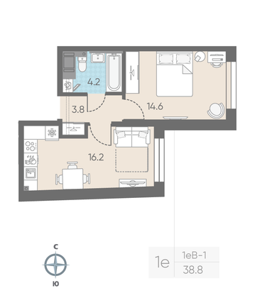 Продажа 1-комнатной квартиры 38,8 м², 5/11 этаж