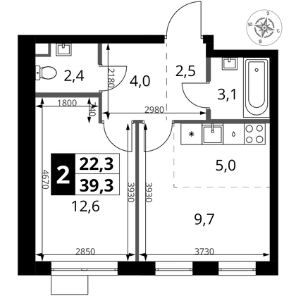 39,3 м², 2-комн. квартира, 2/16 этаж