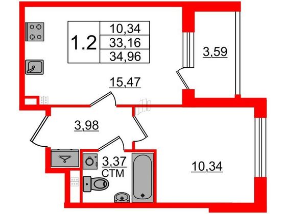 Продажа 1-комнатной квартиры 33,2 м², 3/4 этаж