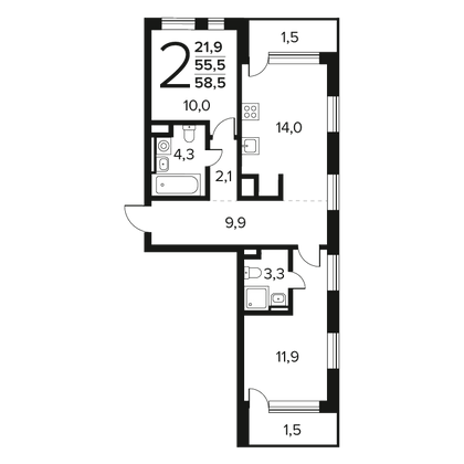 Продажа 2-комнатной квартиры 58,5 м², 2/14 этаж