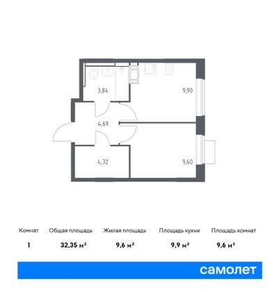 32,3 м², 1-комн. квартира, 12/12 этаж