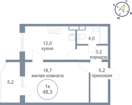 48,3 м², 1-комн. квартира, 12/16 этаж