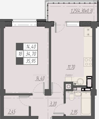 36 м², 1-комн. квартира, 8/8 этаж