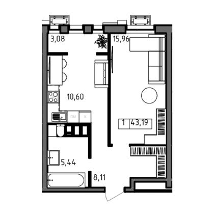 Продажа 1-комнатной квартиры 43,2 м², 20/23 этаж
