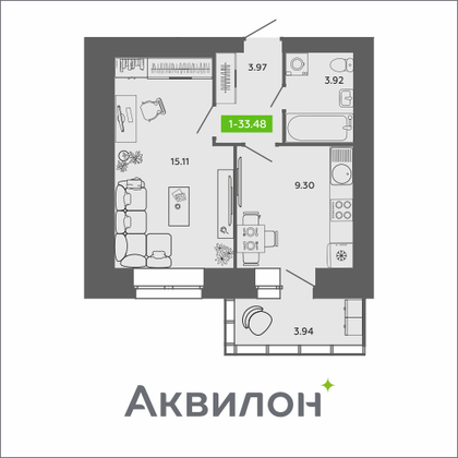 33,5 м², 1-комн. квартира, 3/11 этаж