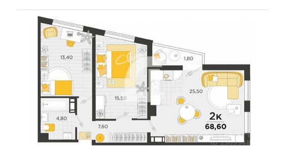 Продажа 2-комнатной квартиры 70 м², 6/24 этаж