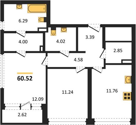 Продажа 2-комнатной квартиры 60,5 м², 3/23 этаж