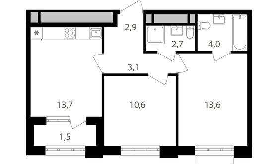 52,1 м², 2-комн. квартира, 12/20 этаж