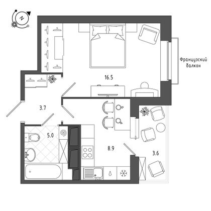 36,4 м², 1-комн. квартира, 11/12 этаж