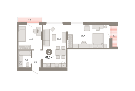 61,5 м², 2-комн. квартира, 7/9 этаж