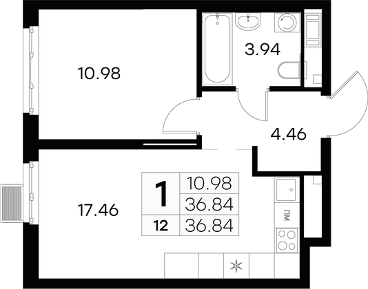 36,8 м², 1-комн. квартира, 3/9 этаж