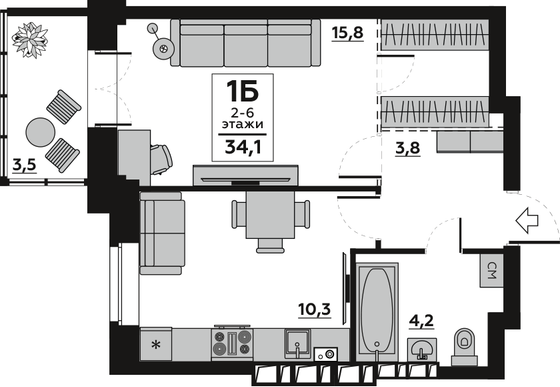 34,2 м², 1-комн. квартира, 6/6 этаж