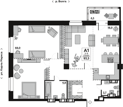 93,5 м², 1-комн. квартира, 7/20 этаж