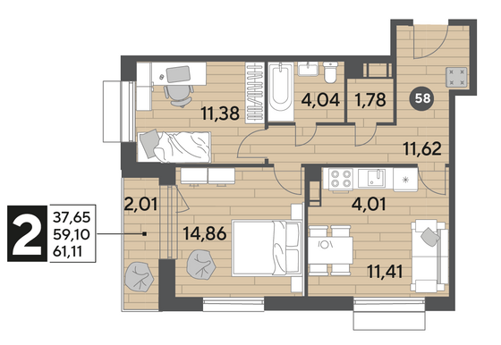 Продажа 2-комнатной квартиры 61,1 м², 4/9 этаж