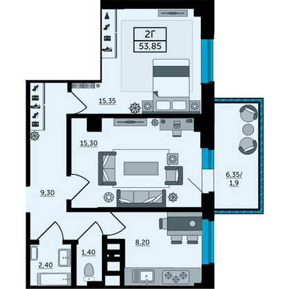 55,3 м², 2-комн. квартира, 24/26 этаж