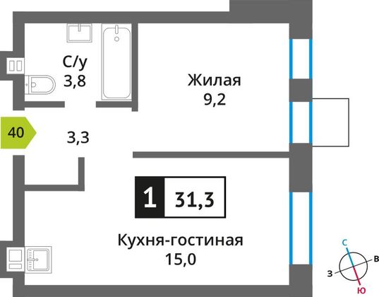 Продажа 1-комнатной квартиры 31,3 м², 6/6 этаж