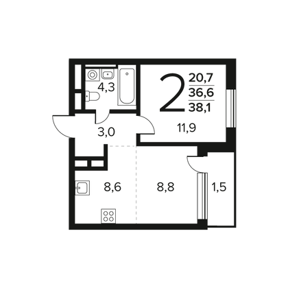 Продажа 2-комнатной квартиры 38,1 м², 3/11 этаж