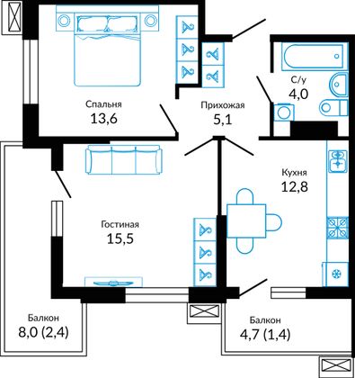 56,3 м², 2-комн. квартира, 7/23 этаж