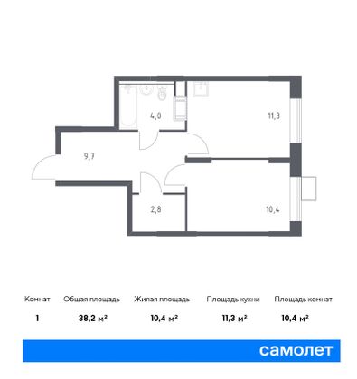 38,2 м², 1-комн. квартира, 4/16 этаж