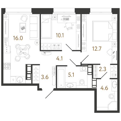 58,5 м², 2-комн. квартира, 2/14 этаж