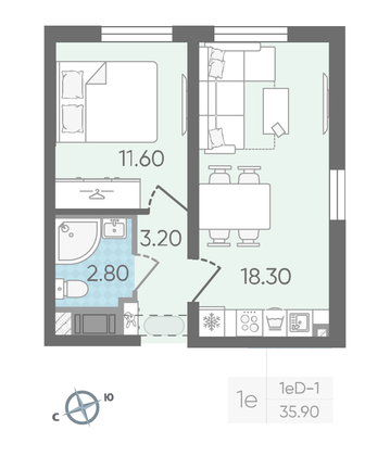 Продажа 1-комнатной квартиры 35,9 м², 20/25 этаж