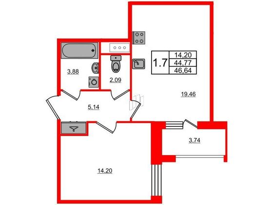 Продажа 1-комнатной квартиры 44,8 м², 9/12 этаж