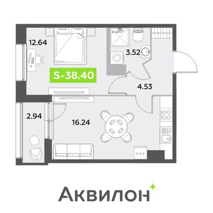 38,4 м², 1-комн. квартира, 9/12 этаж