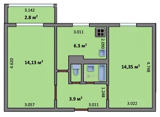 Продажа 2-комнатной квартиры 44,1 м², 5/5 этаж