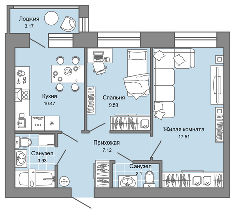 53 м², 2-комн. квартира, 4/4 этаж