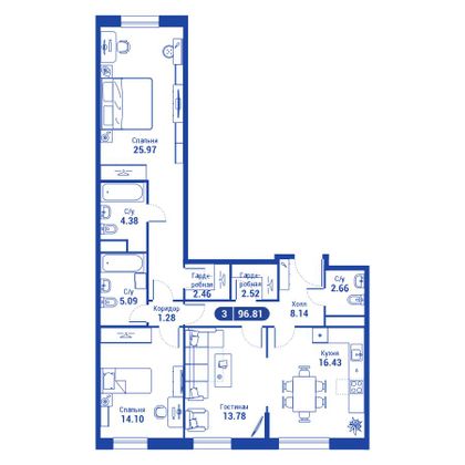 96,6 м², 3-комн. квартира, 6/37 этаж