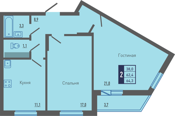 64,3 м², 2-комн. квартира, 2/19 этаж