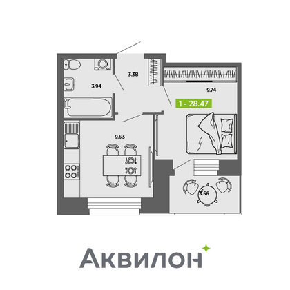 28,5 м², 1-комн. квартира, 11/11 этаж