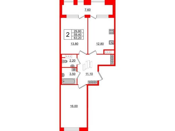 Продажа 2-комнатной квартиры 60,2 м², 4/10 этаж
